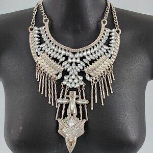Silver Plastron Bib Fringe Collar Necklace